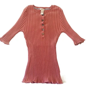 Sundance Catalog Sweater Women Medium Pink Ribbed Ruffle Organic Cotton - Picture 1 of 7