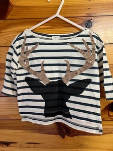 Crewcuts Deer Striped Shirt Gold Antlers Girls Striped Top 3/4 Sleeve Size 2T - Picture 1 of 1