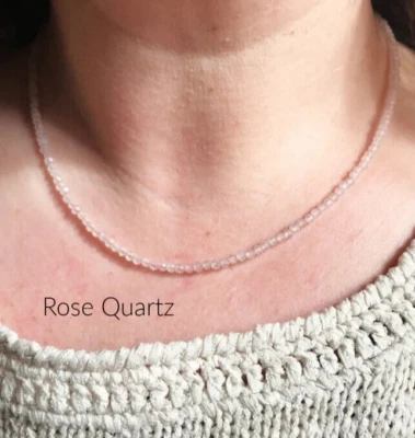 Natural Rose Quartz Choker Faceted Tiny Beads Healing Reiki Minimalist Necklace - Image 1 of 4