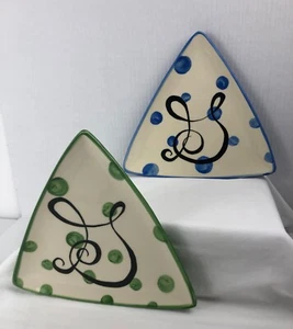 Gail Pittman Decorative Vintage Pair Green/Blue 9" Triangle Trays Signed Dated - Picture 1 of 11