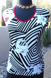MOLLY MILLIE Red Black White Floral Stripe Top Indie Naturecore Ravencore Boho L - Picture 1 of 3