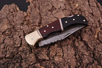 Vintage handmade Damascus Steel Hunting Pocket Knife Wood Handle Outdoor Surival - Image 1 of 4