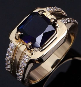 Schlichter Schmuck Herrenring blauer Saphir Gelbgold gefüllt Größe 7-12 - Bild 1 von 5