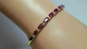 5CT OvalCut Lab Created Ruby & Diamond Bangle Bracelet 14K Yellow Gold Plated - Picture 1 of 5