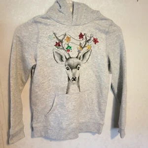 Sonoma Girls Supersoft Hoodie sz 7 Christmas Deer Holiday Gray Pocket - Picture 1 of 4