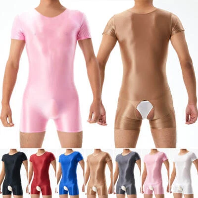 Men's One-piece Short Sleeve Boxer Briefs Leotard Shiny Wetlook Catsuit Bodysuit - Image 1 of 3