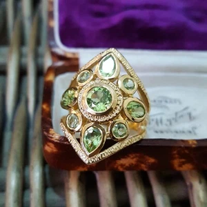 925 Sterling Silver Ring, Natural Green Peridot Ring, Size N.5 US 7, Gold Plated - Picture 1 of 7