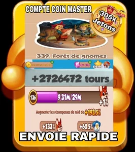 Compte Coin Master 2.7 Millions Spin 305x Jetons Village 339 Envoie Rapide ⏱️ - Photo 1/4