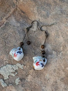 NEW! ADORABLE ARTISAN MADE COPPER & CERAMIC GLAZED PITCHER 2" HOOK EARRINGS - Picture 1 of 9