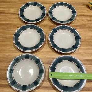 6 HARTSTONE Pasta/Salad/Soup Bowls Green Buffalo Plaid Check 8 7/8” Hand Painted - Picture 1 of 22