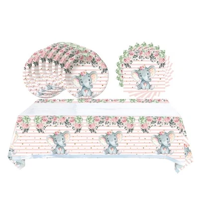 41 PIEZAS Suministros de Baby Shower Elefante Rosa con Platos Servilletas Mantel Foto 1 de 4