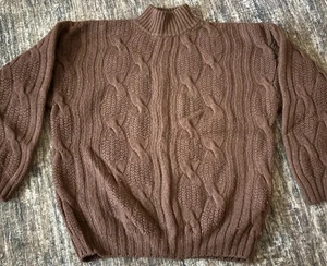Vtg CRAZY HORSE 100% Wool Sweater Ribbed High Neck Jumper Brown Hand Knit XL - Picture 1 of 10