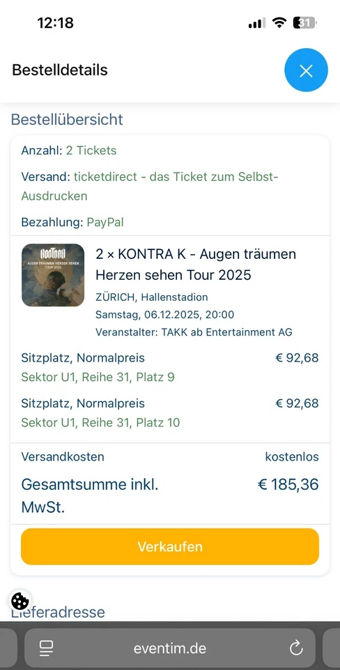 Kontra K  2 Sitzplatz Tickets 06.12.2025 Zürich Hallenstadion - Bild 1 von 1