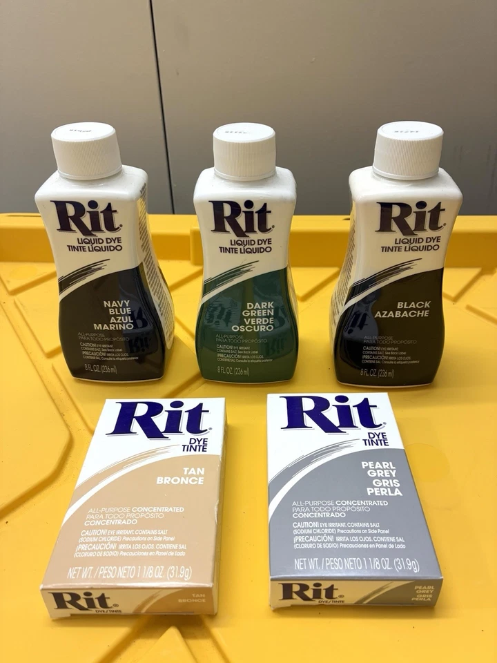 Rit Fabric Dye Lot of 5 — Liquid Navy Green Black + Powder Tan Grey — New Sealed - Image 1 of 4