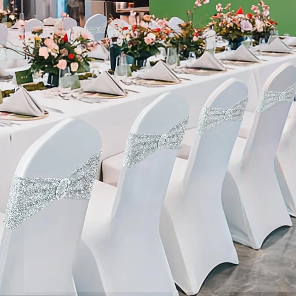 50 piezas marcos de silla de lentejuelas elásticas unilaterales brillo spandex bandas de silla con hebilla Foto 1 de 4