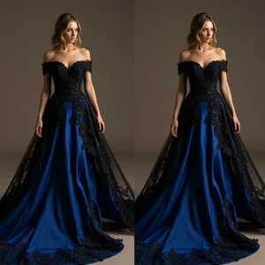 Gothic Black and Purple Off the Shoulder Satin Lace Appliques Bridal Gowns - Picture 1 of 11