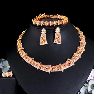 Vergoldete bunte Zirkon Hochzeit Halskette Armband Ohrringe Ring Schmuck Set - Bild 1 von 11