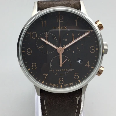 Timex Waterbury Chronograph Watch Men 40mm Black Silver Tone Date New Battery - Image 1 of 4