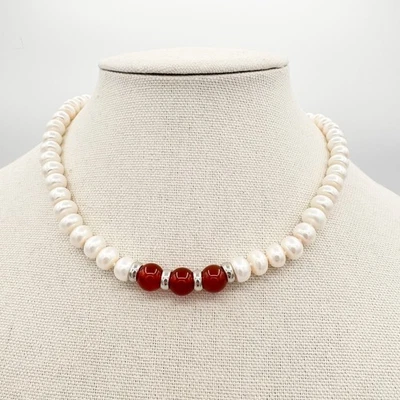 Daimi freshwater cultured pearls and carved round stone bead necklace NWT - Image 1 of 4