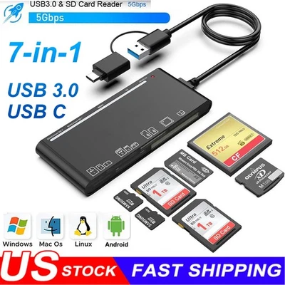 USB 3.0 USB C Memory Card Reader 7 in 1 High Speed Adapter for Micro SD TF CF XD - Image 1 of 4