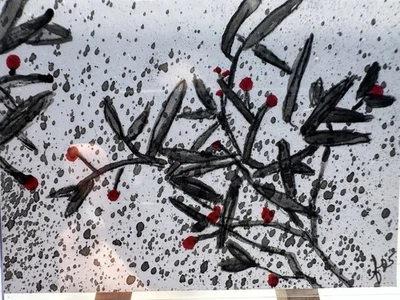 Tarjeta de artista ACEO pintada a mano acrílico original 2,5 pulgadas x 3,5 “Rama de bayas rojas” Foto 1 de 4