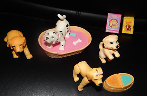 Barbie Pets Bobble Head Dogs BOBBIN BOW WOWS Lot Bed, Food