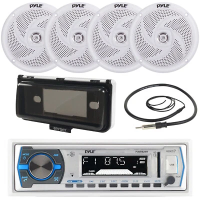 Pyle PLMRB29W Yacht Boat USB Receiver, 4x 4" Waterproof Speakers, Antenna, Cover - Image 1 of 4