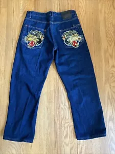 Vintage Ed Hardy Blue Herrenjeans 38x33 Tiger bestickt Christian Audigier Y2K - Bild 1 von 14