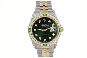 Rolex Datejust 36 mm Green Diamond Dial Two Tone Watch with Diamonds & Emeralds - Picture 1 of 7