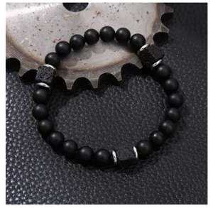 Vintage Perlenarmband Mattschwarzer Onyx Kubischer Lavastein Herren Modeschmuck - Bild 1 von 5