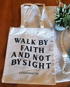 Muslin Cotton Shopping Tote Scripture, Walk By Faith And Not By Sight 13x12" New - Picture 1 of 5