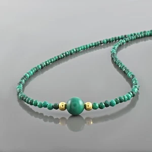 Handcrafted Natural Malaquita Cuentas Redondas Collar 925 Plata 18" Hilos Cadena - Imagen 1 de 6