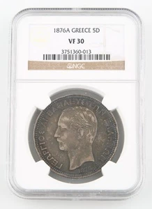 1876-A Greece 5 Drachmai Silver Coin VF-30 NGC Arms Within Crowned Mantle KM-46 - Picture 1 of 4