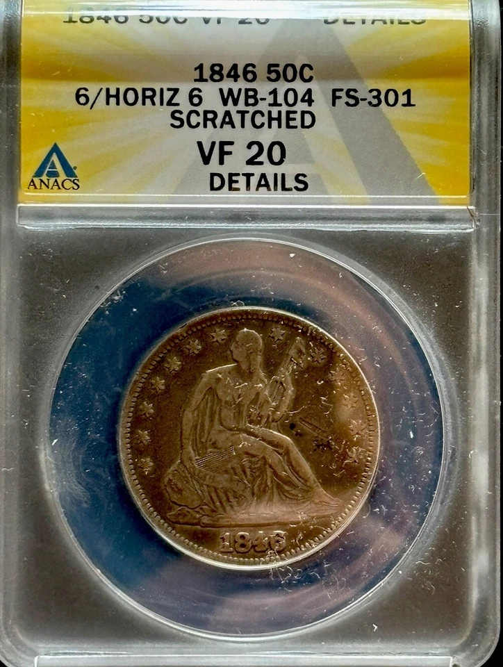 1846/Horizontal 6 WB-104 FS-301 Liberty Seated Half Dollar ANACS VF 20 Details - Image 1 of 4