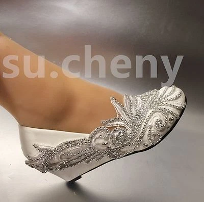 su.cheny Wedge low high heels Lace crystal white ivory pump Wedding Bridal shoes - Image 1 of 4