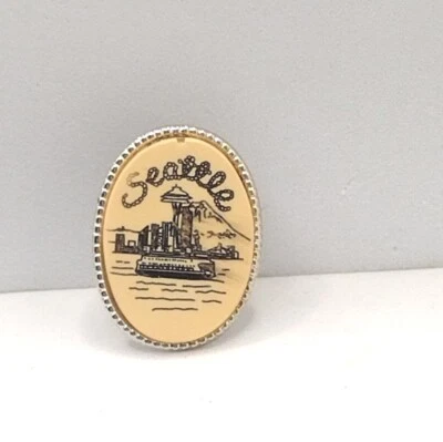 SEATTLE Fair Souvenir Opval Etched Cream Lapel Pin Scarf Jewelry - Image 1 of 2