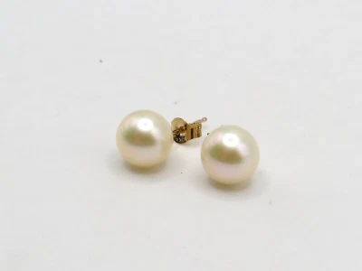 LOVELY PAIR of LADIES 10k YELLOW GOLD STUD EARRINGS w 2 CULTURED PEARLS    * - Image 1 of 4