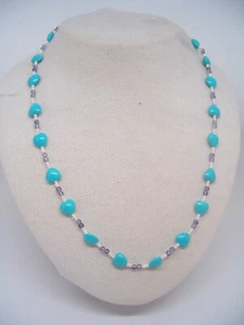 Collana con CUORI in Turchese ricomposto e Perle - chiusura in argento 925 - - Picture 1 of 7