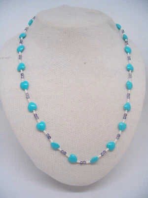 Collana con CUORI in Turchese ricomposto e Perle - chiusura in argento 925 - - Immagine 1 di 4