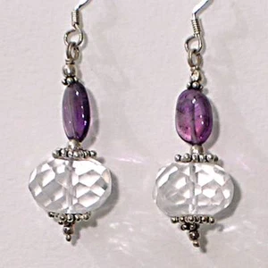 AMETHYST & CLEAR CRYSTAL DANGLE WIRE EARRINGS_925 STERLING SILVER - Picture 1 of 7