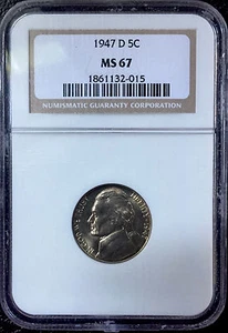 1947 D Jefferson Nickel ~ *NGC* MS 67 ~ High Grade Slabbed Gem - Picture 1 of 2