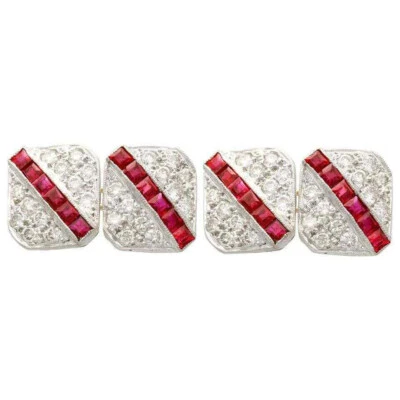 Amazing Princess Cut Red Ruby & Round White Stone Men's Special Cufflinks - Image 1 of 4