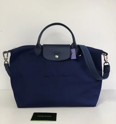 New Longchamp Le Pliage Cuir Nylon Zip Tote Shoulder Bag Navy 10"H 12-17"W 6"D - Image 1 of 4