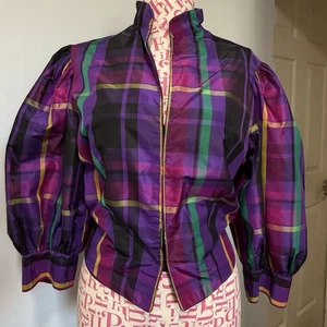 Vintage 80s Purple Plaid Taffeta Puff Sleeve Dressy Party Top Holiday New Wave S - Picture 1 of 11