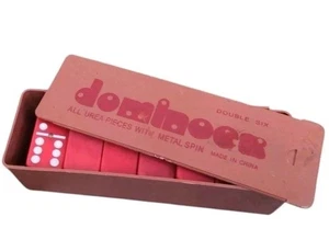 VTG Double Six Dominoes Red All Urea Pieces with Metal Spin Slide-top Box 28 pcs - Picture 1 of 11