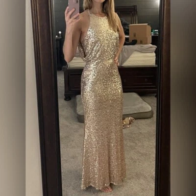 Vestido de lantejoulas Badgley Mischka 4 blush Maria maxi dourado ampulheta sem mangas - Imagem 1 de 4