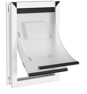 Puerta de aluminio para perro para montaje en puerta con doble solapa magnética grande/blanca Foto 1 de 4