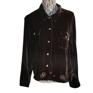 J JILL Vintage Embroidered Velvet Brown Button Down Long Sleeve Shirt Jacket L - Picture 1 of 6