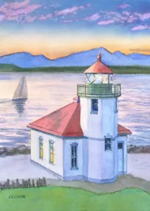 Faro Alki Point puesta de sol Bahía Elliott Seattle Washington. Impresiones de Chris Oldham - Imagen 1 de 2
