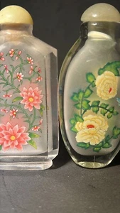2 Vintage Rock Crystal Quartz / Glass Snuff Bottle Reverse Inside Painted Floral - Picture 1 of 11